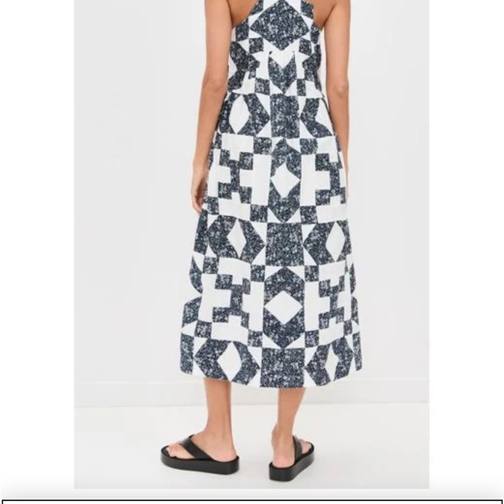 SEA-  NEW W TAGS: Sleeveless Navy and White Geo patchwork Midi Dress
